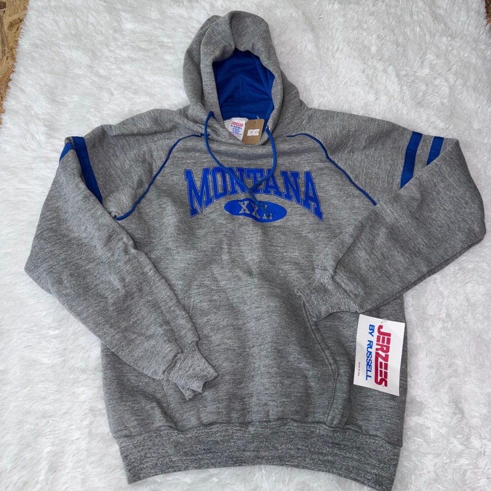 Jerzees By Russell Mens Montana XXl Gray‎ Blue Graphic Hoodie Sweatshirt Size M